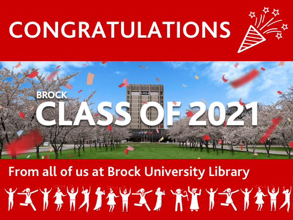 Dancing icons on a Brock Class of 2021 photo of the Schmon Tower overlaid with confetti