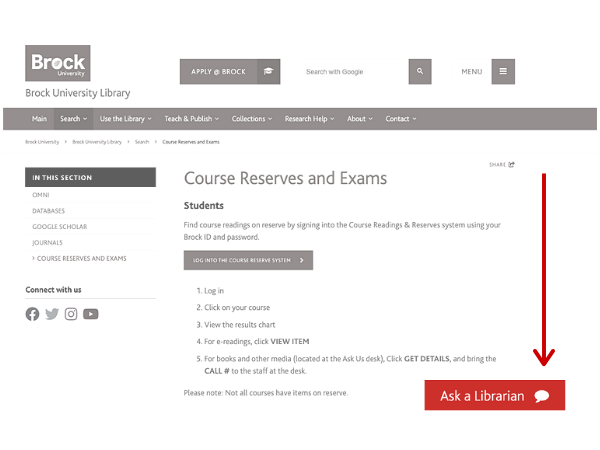 Screenshot of the course reserves page featuring the Ask a Librarian tab