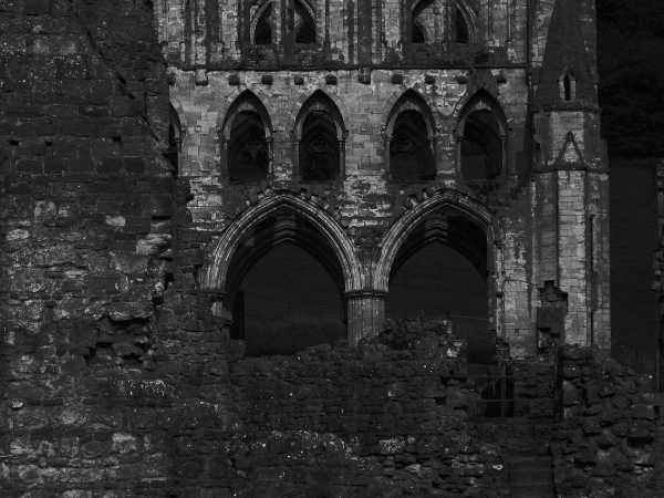 Black and white photograph of a ruined cathedral