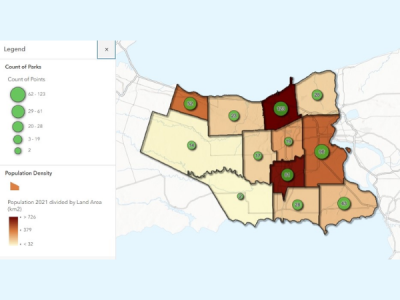 An ArcGIS created map showing the number of parks per municipality in Niagara