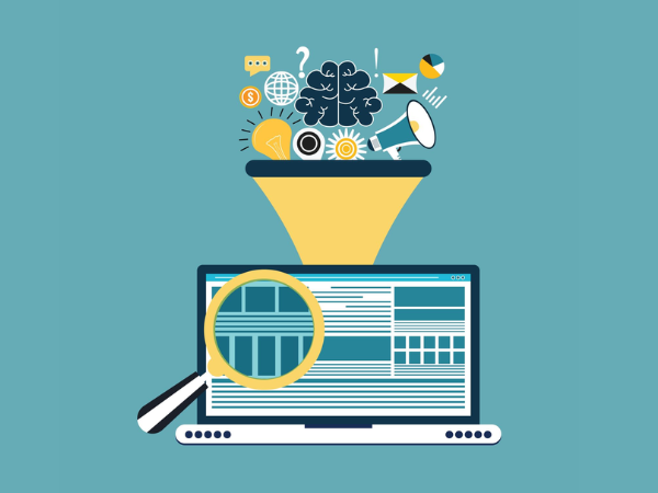 A laptop with a funnel of information emanating from it.