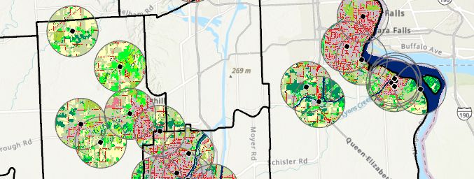 map showing point data with buffer boundaries and land use data latyers