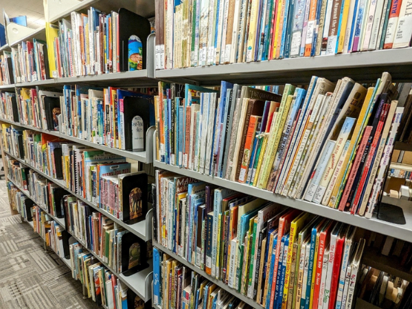Several shelves full of library books.