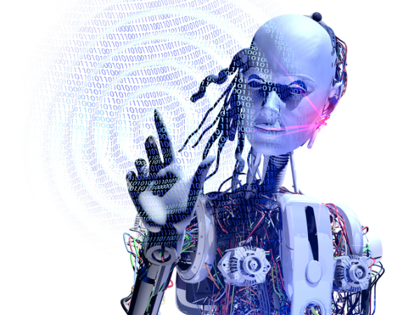 A robot with a human face and a torso of exposed wires