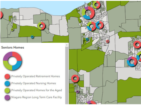 Digital map showing locations of long-term care homes in Niagara
