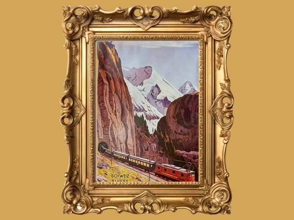 Vintage postcard of a train travelling through the Swiss Alps