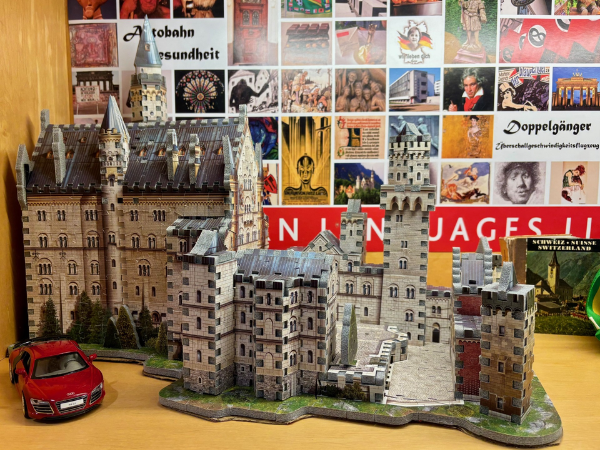 A cardboard castle represents Germany in the Modern Languages, Literature, Cultures display