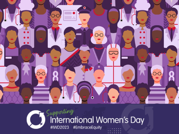 Icons of women from many cultures wearing clothing in shades in purple.
