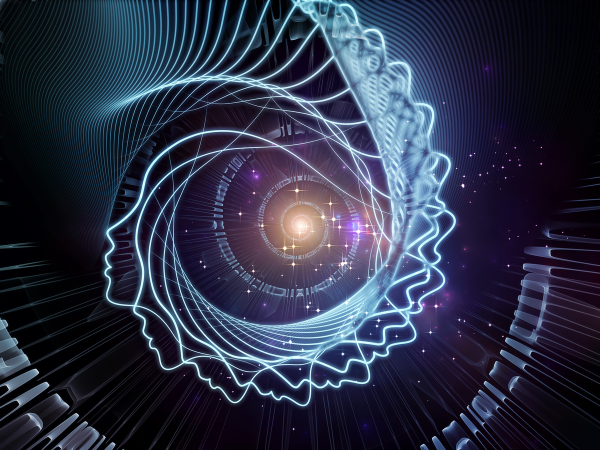 Illustration of a galaxy with a woman's profile around it