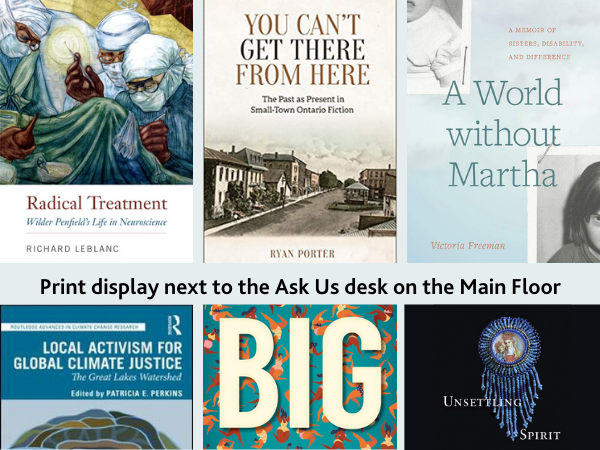 Cover images from books on the Featured Display shelves in the Library
