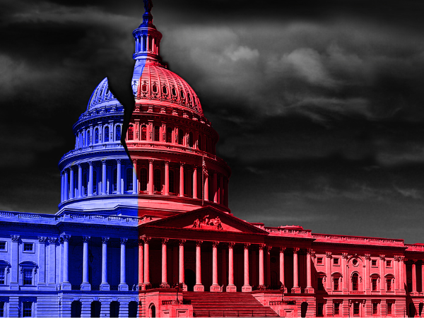 A stormy sky with the Capitol Building in front coloured half red and half blue.