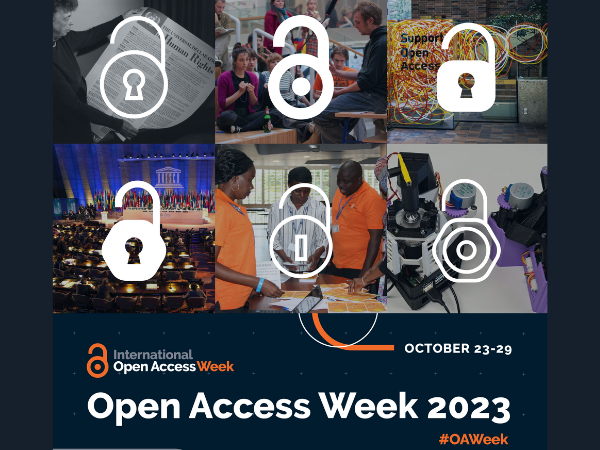 Images of people engaged in scholarly activity are overlaid with opened padlocks