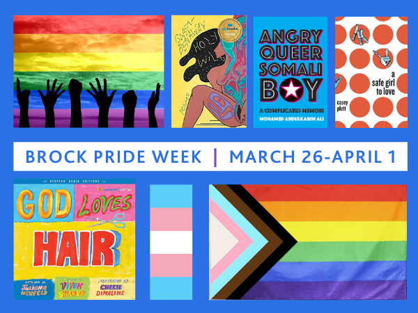 Pride Week flags and LGBTQ2S+ book collection cover images