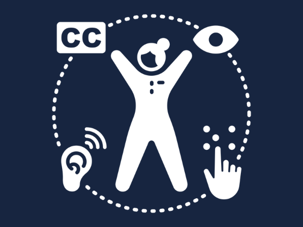 Symbols for closed captioning, listening, braille and vision represent the concept of accessibility