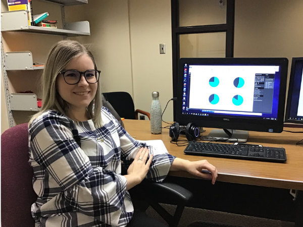 Erin - DSL Intern in front of Computer showing data visualizations