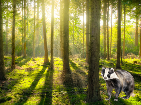A badger is on the prowl through a forest