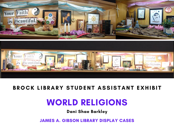 Images of religious artifacts in the Matheson Learning Commons display cases