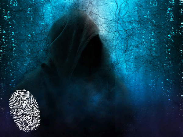 A dark blue background with fractures and the outline of a blurry person's silhouette. There is a white fingerprint in the corner.