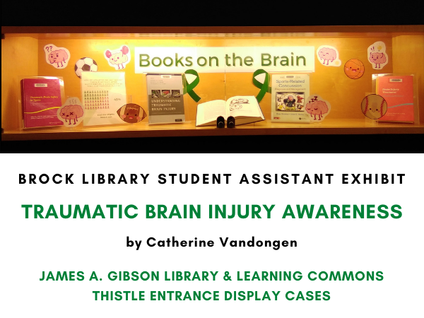 Books on brain injury in the library display cases