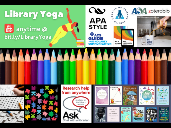 Resources to assist students at the end of term - ask a librarian logo, writing and citing logos, library you, puzzles and wellness books