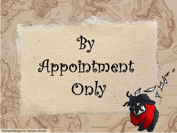 Text reading By appointment Only overlays an old map. A stylized badger, reminiscent of Boomer adorns one corner