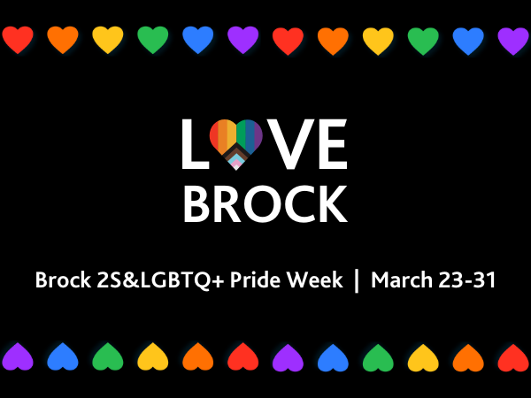 Multi-coloured rainbow hearts form a border on a black rectangle. Love Brock is written in the centre with the letter o in love represented by a heart-shaped rainbow flag.