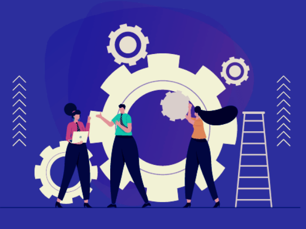 A stylized graphic of people at work with gears showing work is being done