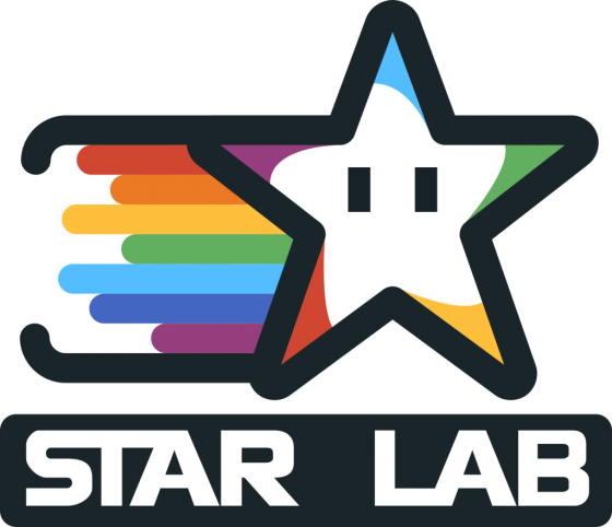 logo for star lab with rainbow streaming out of left side of black outline star with two little eyes