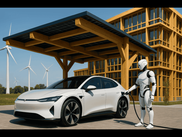 Building a Sustainable Future (1) (1) a humanoid robot charges an electric car outside with wind turbines in the background