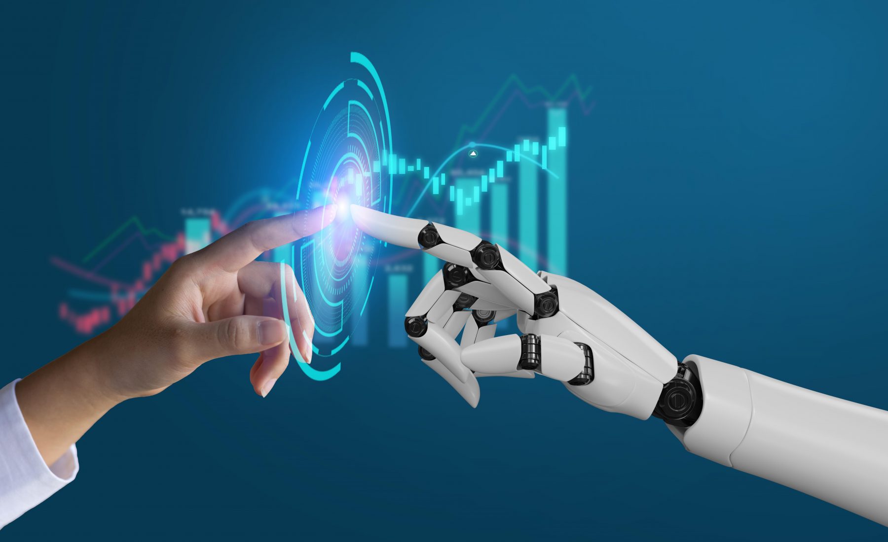 A human hand reaches to touch the hand of a robot, their index fingers nearly touching. In between their fingers is a digital illustration of a spiral made up of many rectangles in an irregular pattern. In the background is an out-of-focus line graph and bar chart. 