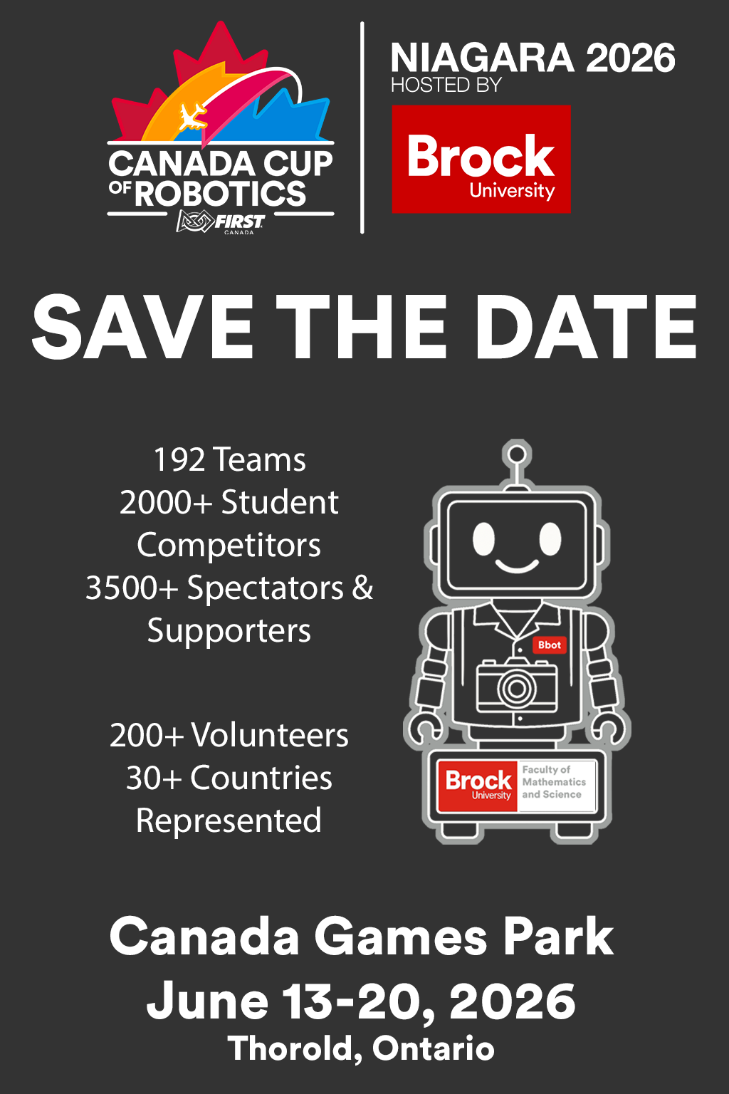 save the date info for Canada Cup of Robotics - Niagara 2026