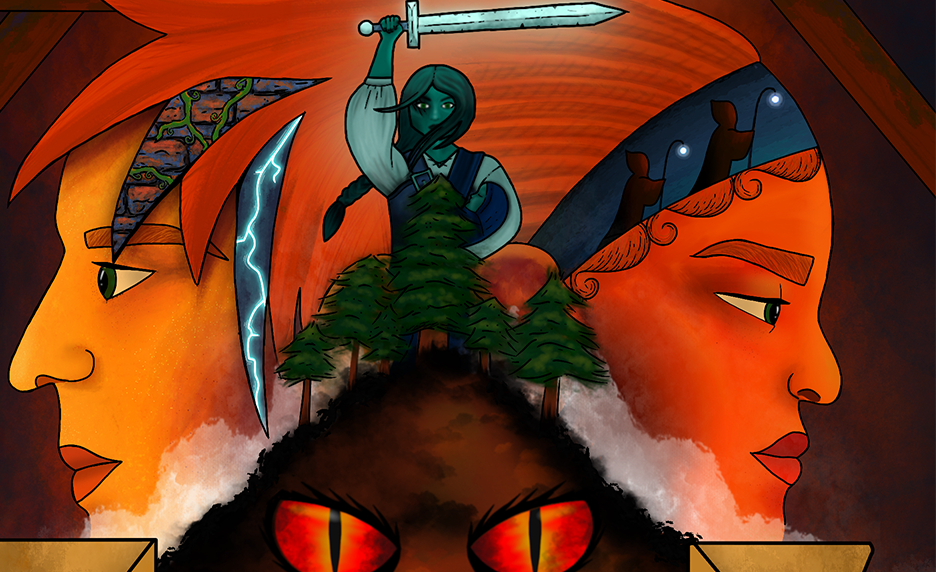 Fantasy illustration featuring two profile faces flanking a warrior raising a sword, a forest, and glowing red eyes at the bottom.