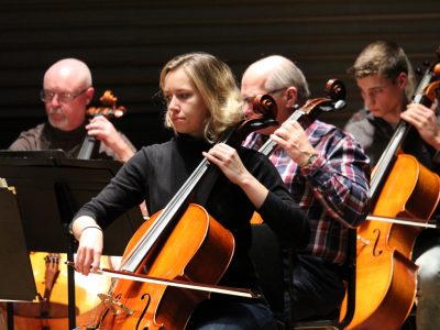 String Orchestra cellists playing on stage