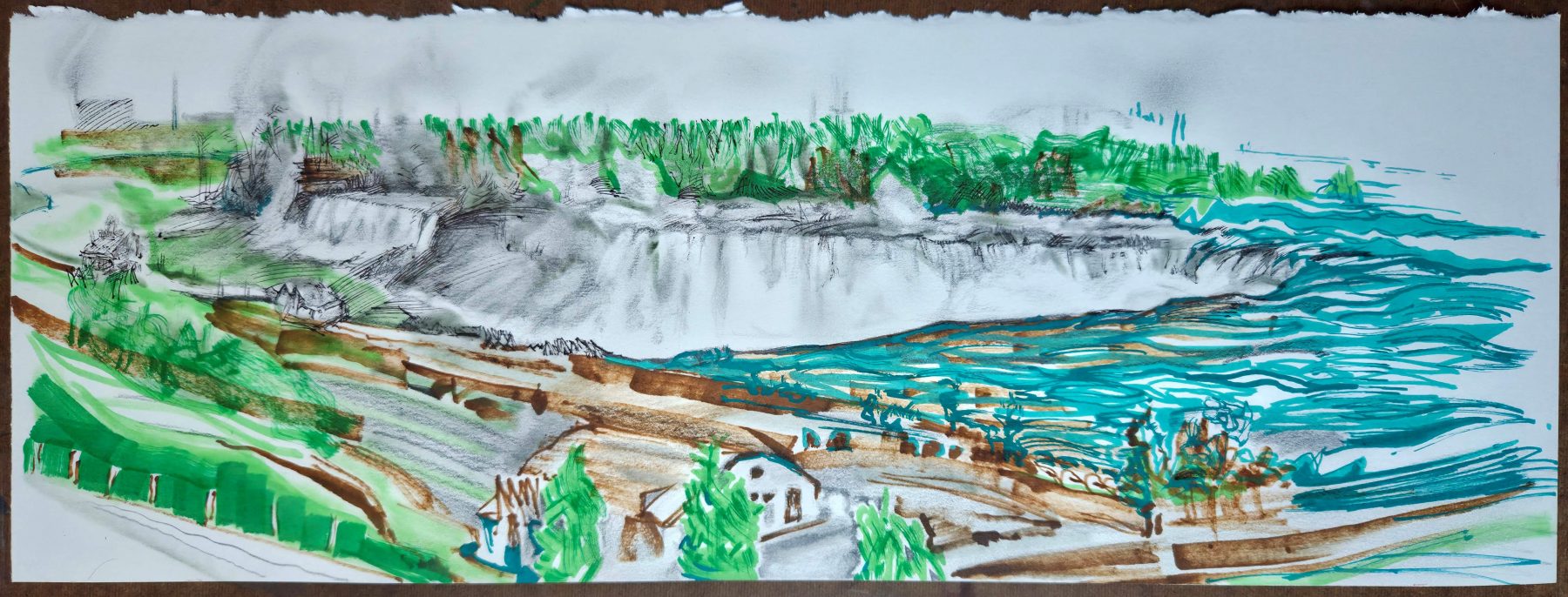 Photo of an illustruation of Niagara Falls as seen from above.