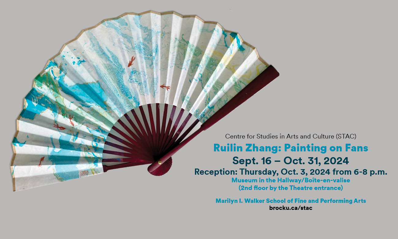 EXP BU -Fans Poster for Painting on Fans Exhibition, Blue fan on grey background.