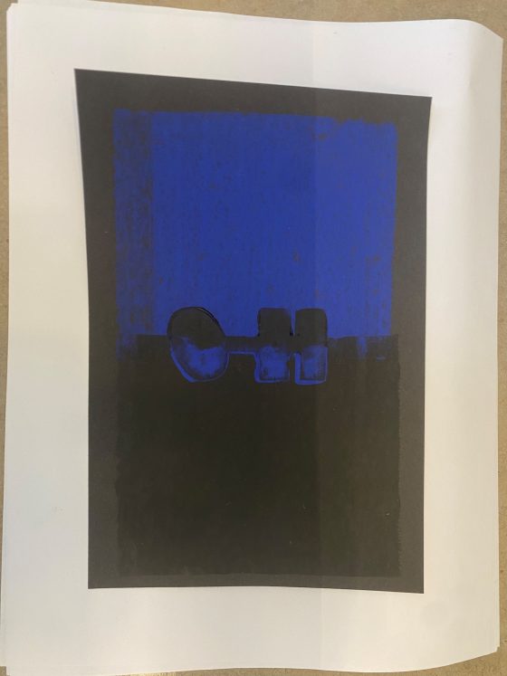 Photo of artwork by jef chippewa, blue and black print with new music notation note in the centre.