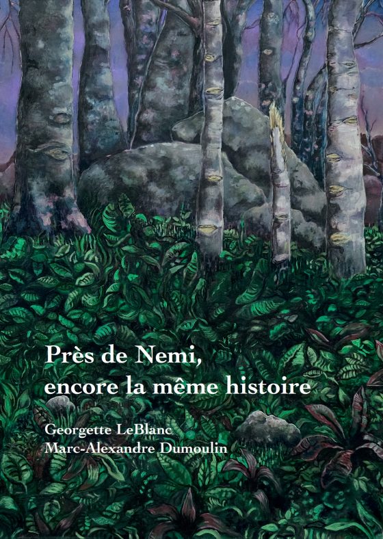 Cover image of Pres de Nemi, encore la meme histoire, by LeBlanc and Dumoulin. Painting of birches against purple sky.