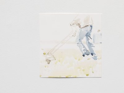 washed watercolour painting of man cutting grass
