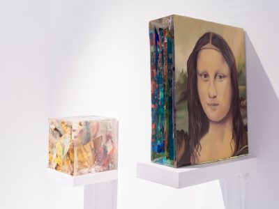 mona lisa face oncubed artowrk hanging on gallery wall