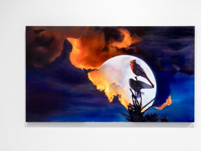 painting of a bird in front of a moon on fire