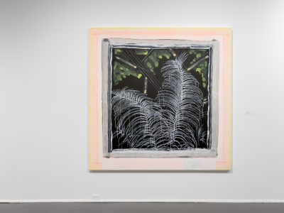 abstract leaf artwork hanging on a gallery wall