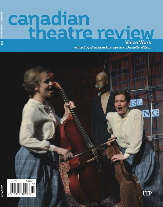 An image of the front cover of the Canadian Theatre review showing text in blue writing and a photo of three people standing on stage singing beside a stand-up bass.