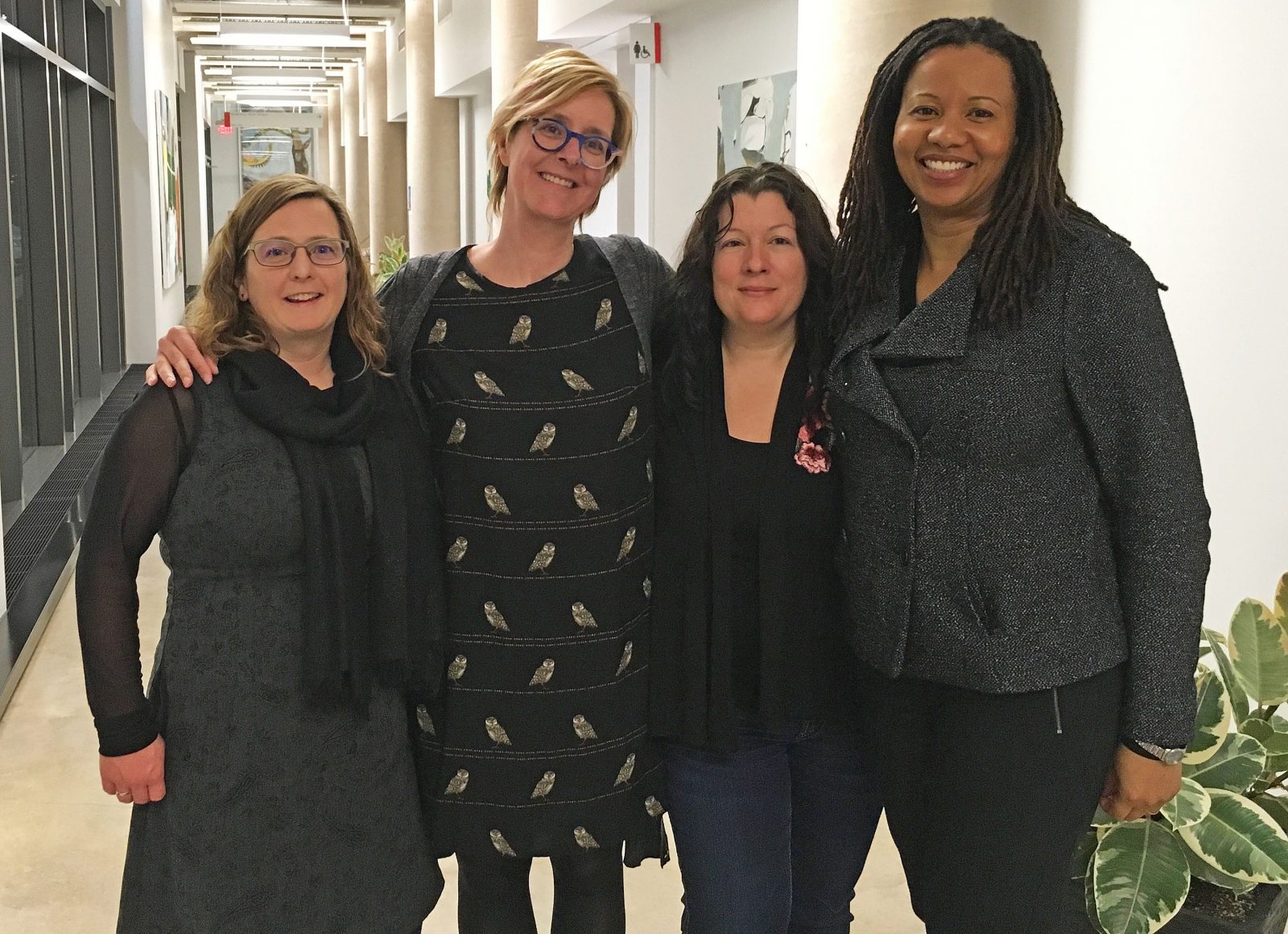Charmaine Nelson, far right, spoke on Colonial Print Culture and the Limits of Enslaved Resistance on Oct. 19 as part of the Walker Cultural Leader Series. She is pictured here with Department of Visual Arts Professors and event organizers, pictured from left, Keri Cronin, Linda Steer and Amy Friend.