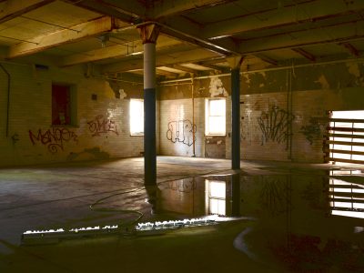 interior view of a graffiti walled industrial building