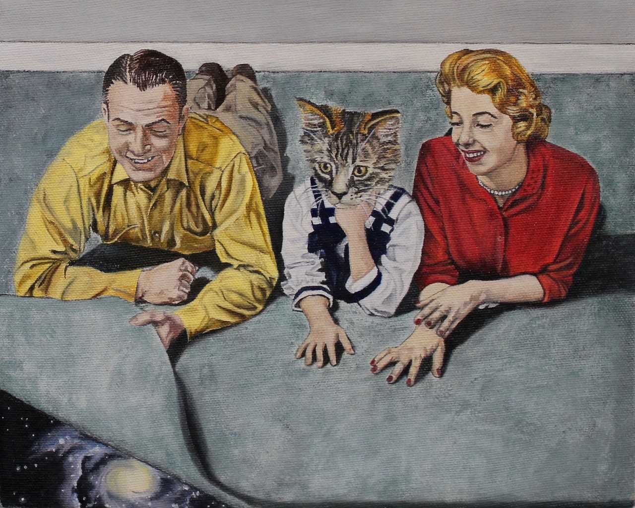 Quality Family Time artwork by Emily Andrews 50's looking family laying on floor child has cat face