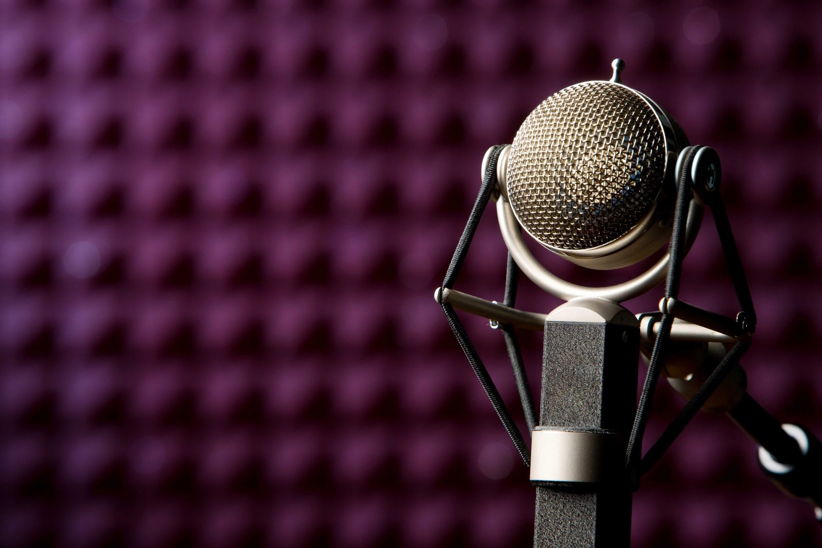 Microphone closeup on purple soundproof wall