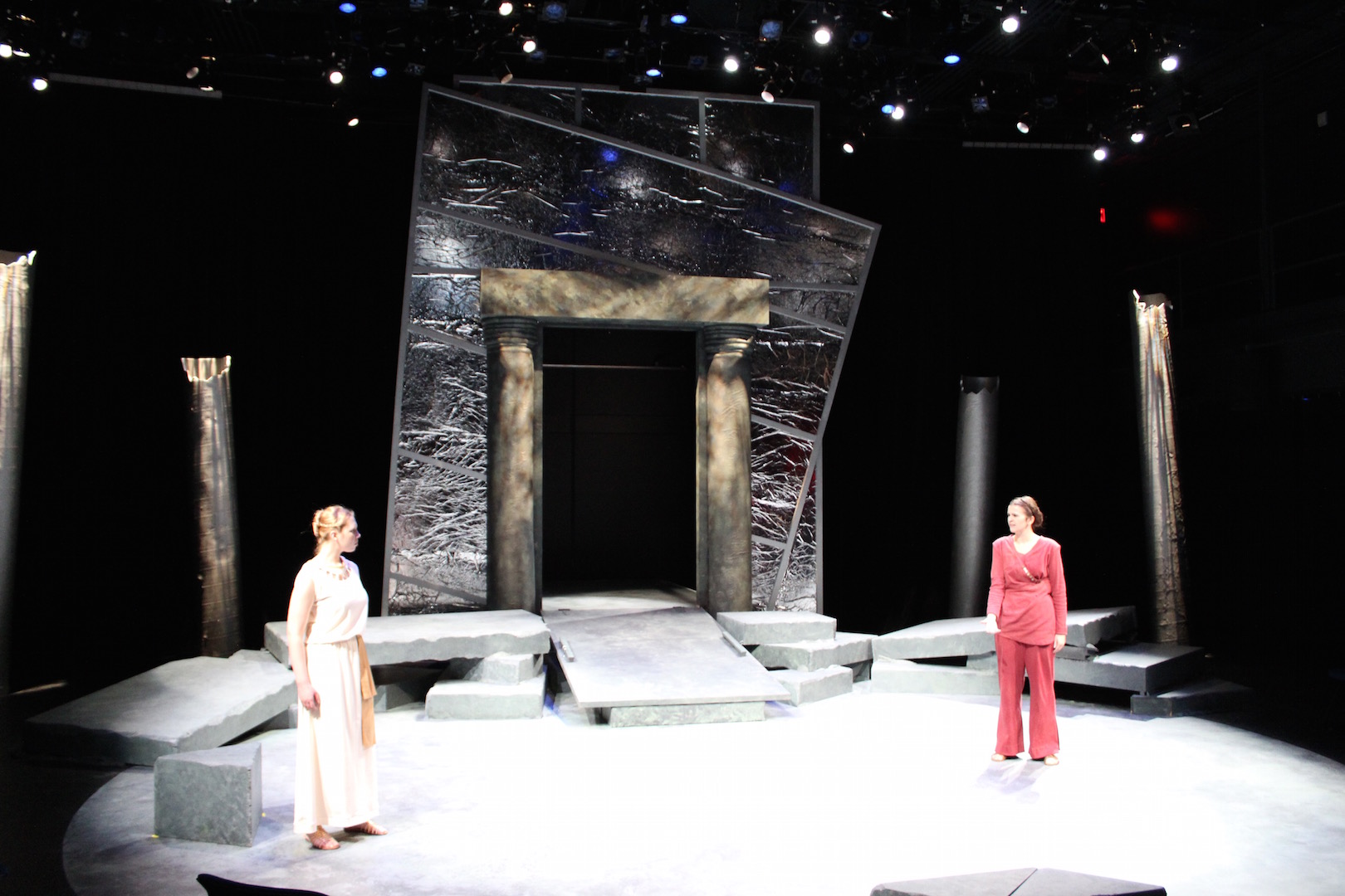 Catherine Tait and Alexandra Chubaty Boychuk are seen on stage for Antigone.