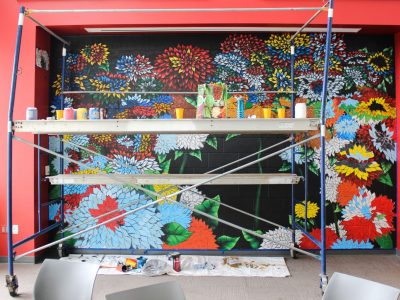 Chardon Trimble-Kirk International Centre Global Commons mural with scaffold