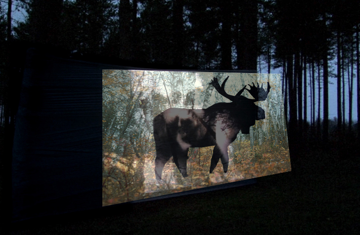 Donna Szoke artwork of a moose silhouette in a forest