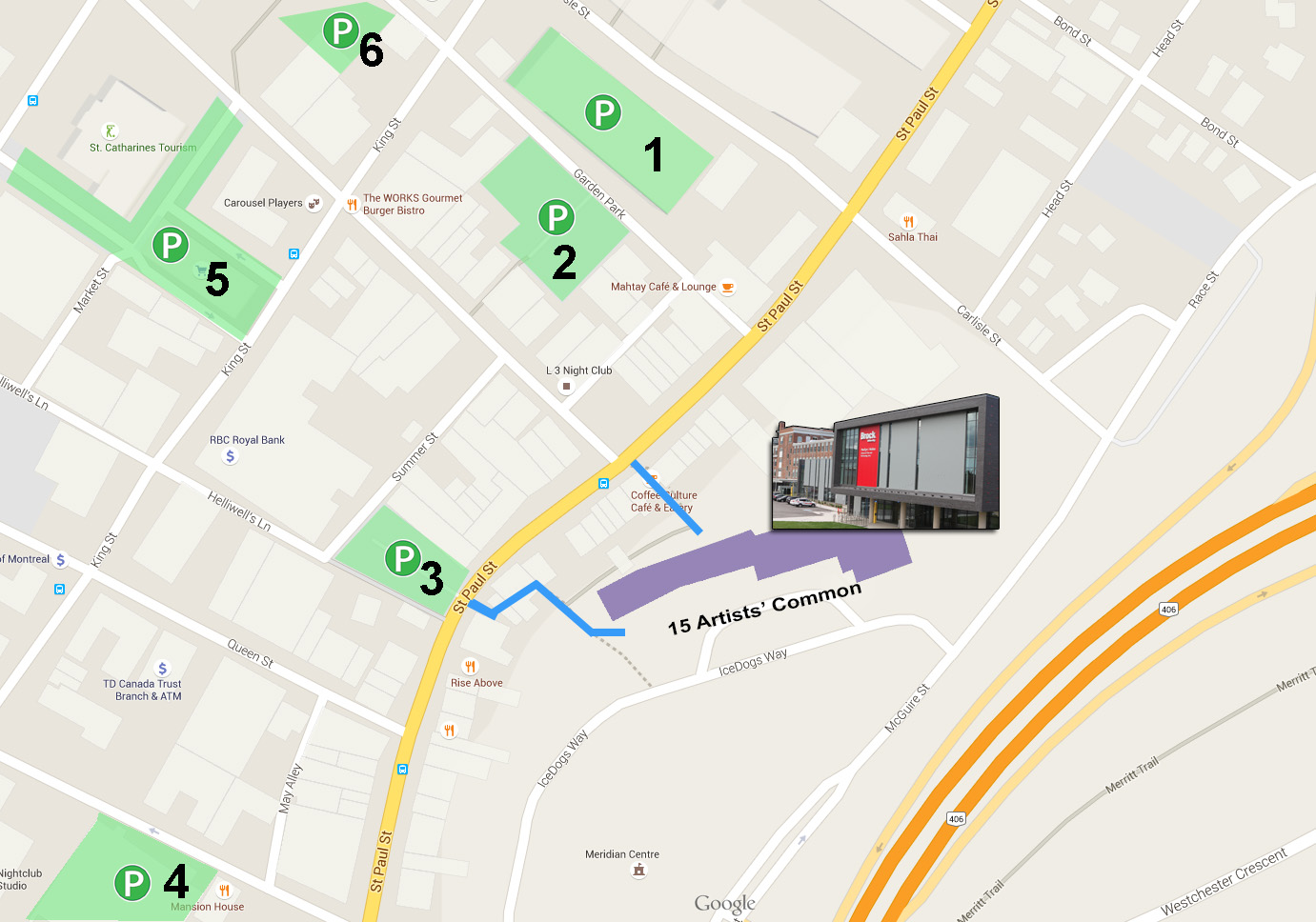 google map of parking lots near the Marilyn I Walker School of performing arts building